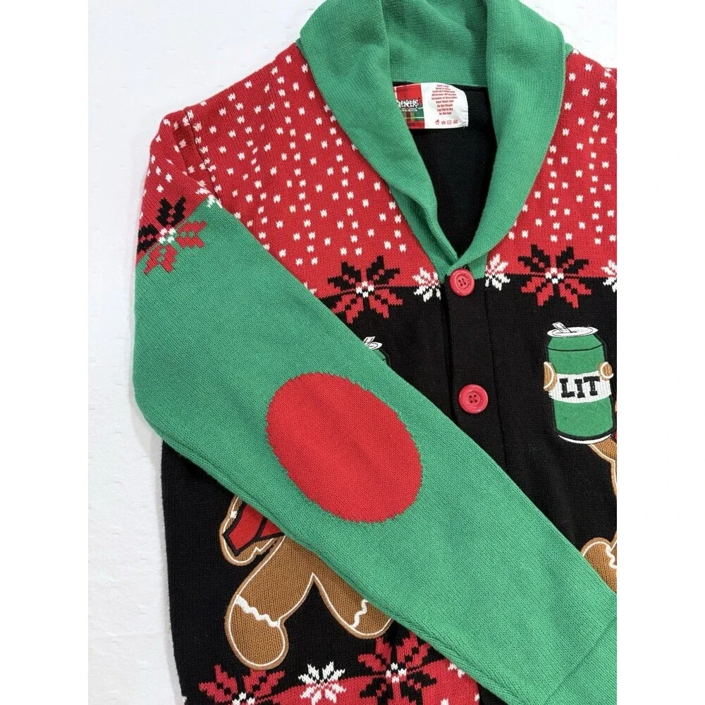 Spencer's Workshop Gingerbread Men Ugly Christmas Sweater Cardigan Get Lit Sz L